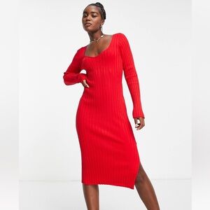 Monki Rib Knit Bodycon Midi Dress in Red